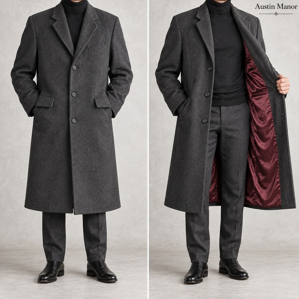 Vintage Austin Manor Overcoat Men's 42 Gray 100% Pure Virgin Wool Long Coat